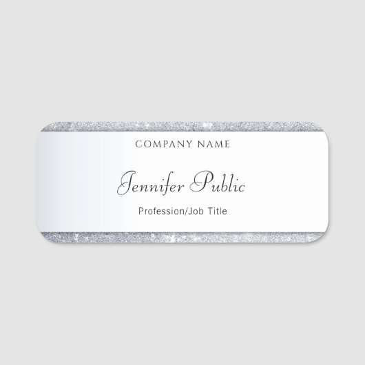 Trendy Silver Glitzer Elegantes Kalligrafiefasern Namensschild (Vorderseite)