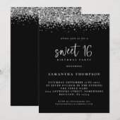 Trendy Silver Glitzer Sweet 16 Birthday Black Einladung (Vorne/Hinten)