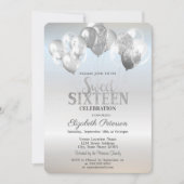 Trendy Silver Glitzer Tropfen Balloons Sweet 16 Einladung (Vorderseite)