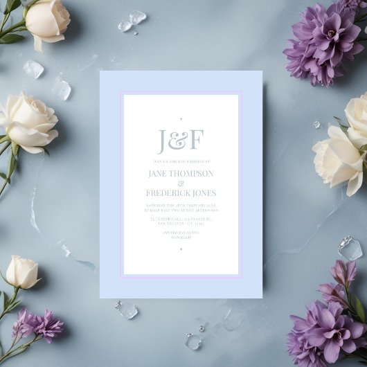 Trendy Silver, Icy Blue und Lilac Wedding Einladung