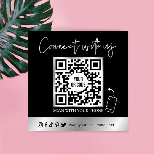 Trendy Simple QR Code Scannable Black & Silver Quadratische Visitenkarte