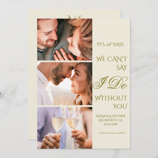 Trendy Simple Script Drei Foto Galerie QR CODE Save The Date (Vorne/Hinten)