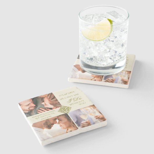 Trendy Simple Three Foto QR CODE Save the Date Steinuntersetzer (Seitenansicht)