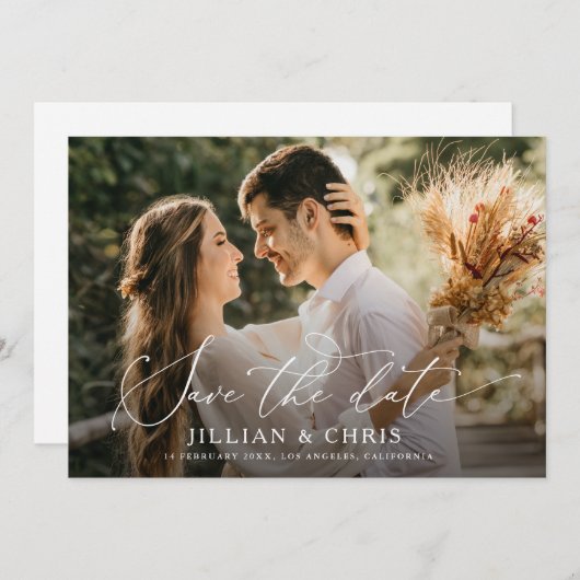 trendy Skript Foto Hochzeit speichern Sie das Datu Einladung (Vorne/Hinten)