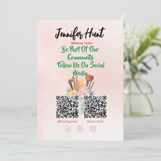 Trendy Social Media QR Code Makeup Artist Einladung (Stehend Vorderseite)