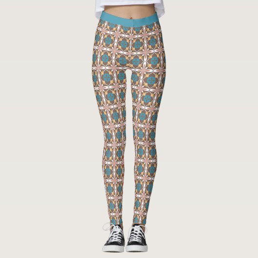 Trendy Southwestern Pattern Blue Khaki Yoga Leggings (Vorderseite)