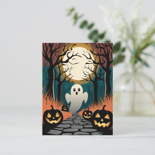 Trendy spooky Halloween Pumpkin Ghost Moon forest Postkarte (Stehend Vorderseite)
