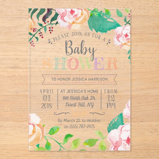 Trendy Spring Floral Typografy Baby Shower Acryleinladungen (Vorderseite)