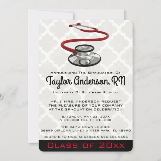 Trendy Stethoscope Medical School Abschluss Einladung (Vorderseite)