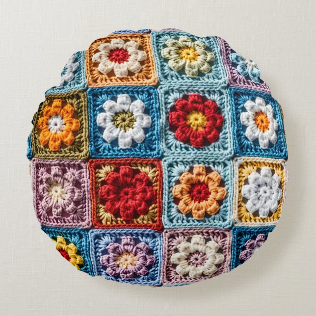 Trendy Strick Granny Square Farbenfrohe Blumenmust Rundes Kissen (Vorderseite)