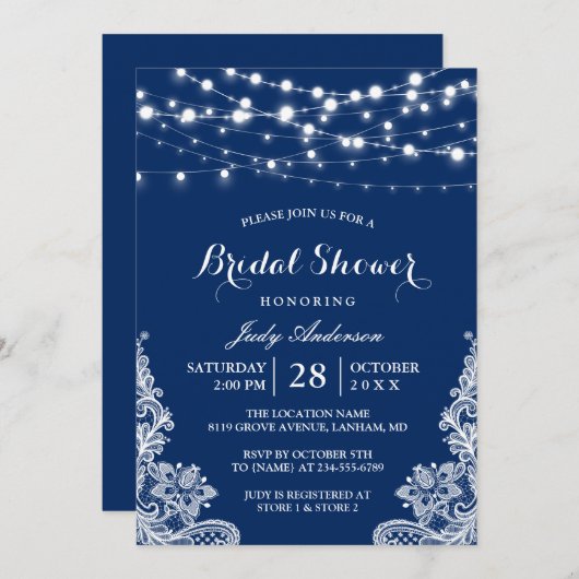 Trendy String Lights Lace Navy Blue Brautparty Einladung (Vorne/Hinten)