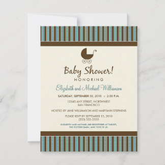 Trendy Stripes Babydusche Einladung (blau/braun)