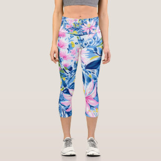 Trendy Stylish Blue Pink Lilly Floral Muster Capri Leggings