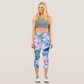 Trendy Stylish Blue Pink Lilly Floral Muster Capri Leggings (Vorderseite)