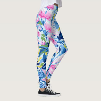 Trendy Stylish Blue Pink Lilly Floral Muster Leggings