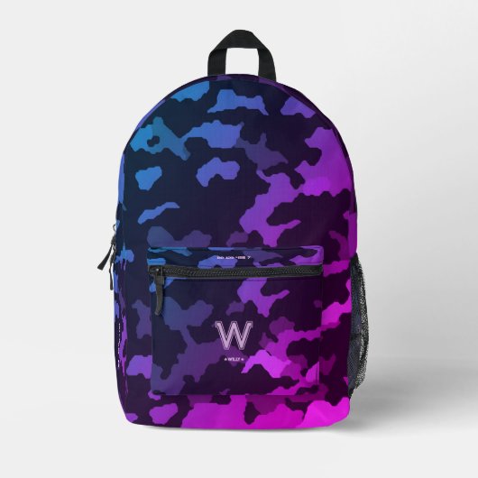 Trendy Stylish Camouflage Blue Lila School Bedruckter Rucksack (Vorderseite)