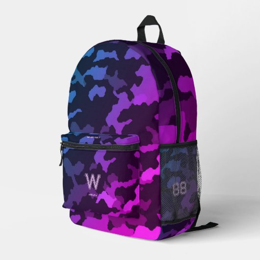 Trendy Stylish Camouflage Blue Lila School Bedruckter Rucksack (Rückseitige Ecke Rechts)