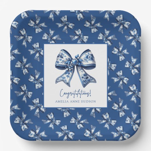 Trendy Stylish Floral Bows Blue Graduation Party Pappteller (Vorderseite)
