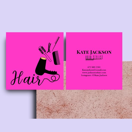 Trendy Stylish Hair Stylist Black & Pink Quadratische Visitenkarte