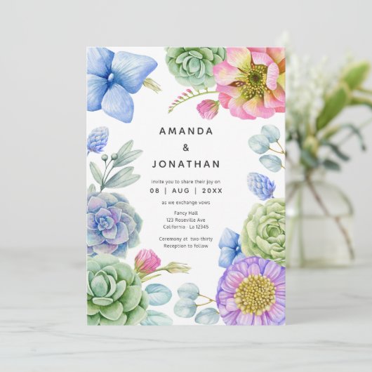 Trendy Succulent Floral Wedding Einladung (Stehend Vorderseite)