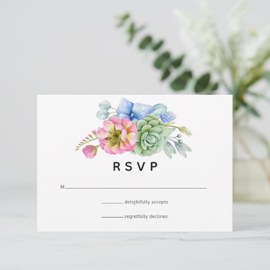 Trendy Succulent Floral Wedding RSVP Karte (Stehend Vorderseite)