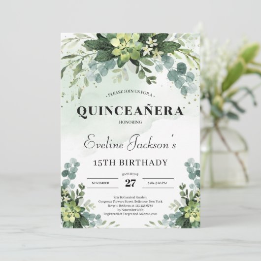Trendy succuly eucalyptus boho quinceanera einladung (Stehend Vorderseite)
