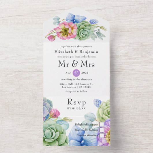 Trendy Sukkulente Hochzeit mit tropischer Flora All In One Einladung (Innen Boden)