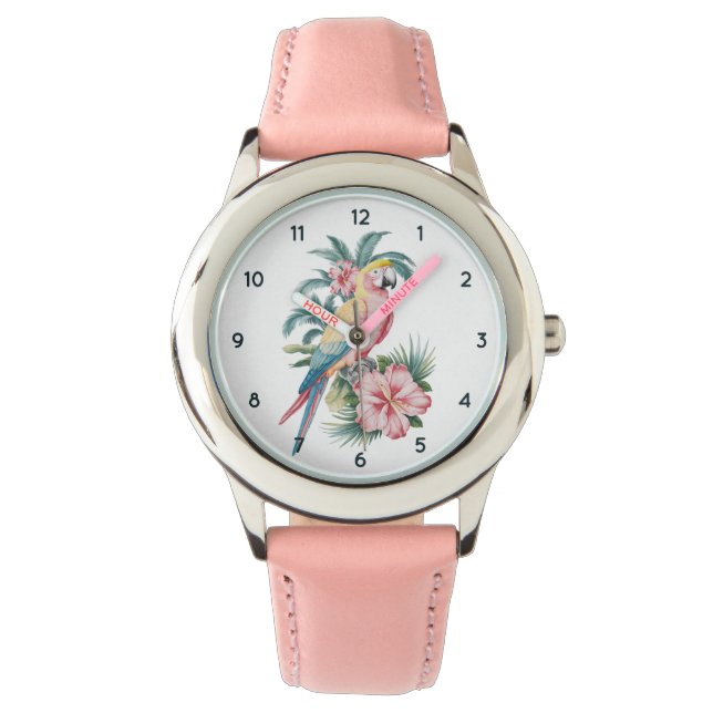 Trendy Summer Beach Parrot und Hibiskus Blume Armbanduhr (Vorderseite)
