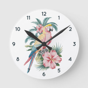 Trendy Summer Beach Parrot und Hibiskus Blume Runde Wanduhr