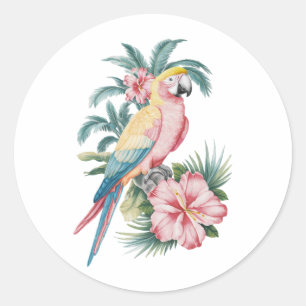 Trendy Summer Beach Parrot und Hibiskus Blume Runder Aufkleber