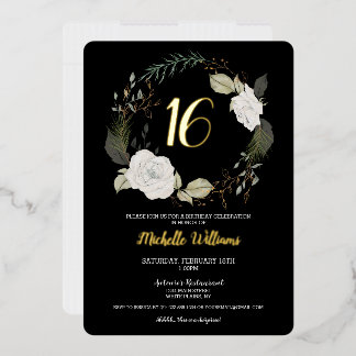 Trendy Sweet 16 Geburtstagsparty Floral Black Gold Folieneinladung