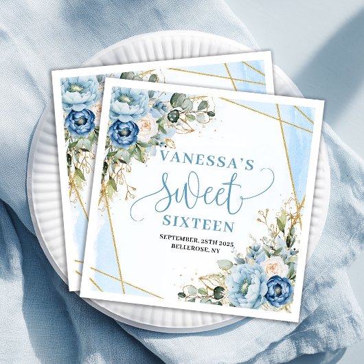 Trendy Sweet 16th Dusty Blue Watercolor Floral   Serviette