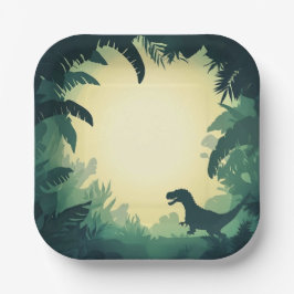Trendy T-Rex Dinosaur Silhouette Paper Plate Green Pappteller