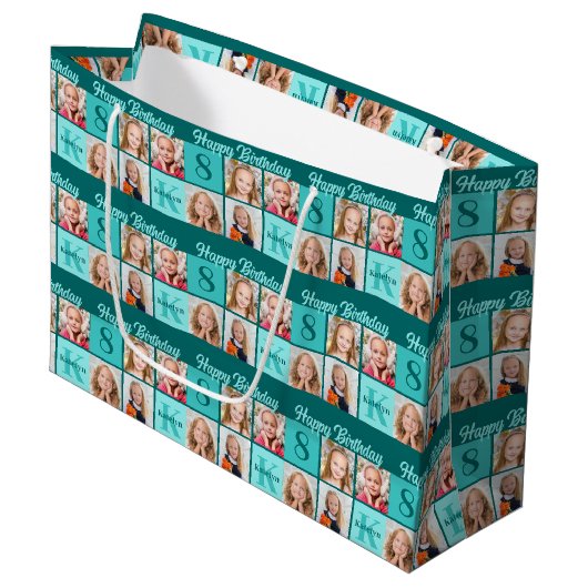 Trendy Teal Birthday Party Custom Photo Collage Große Geschenktüte (Vorderseite Schrägansicht)