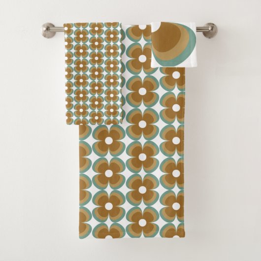 Trendy Teal Caramel Retro Groovy Flowers Seamless Badhandtuch Set (Insitu)