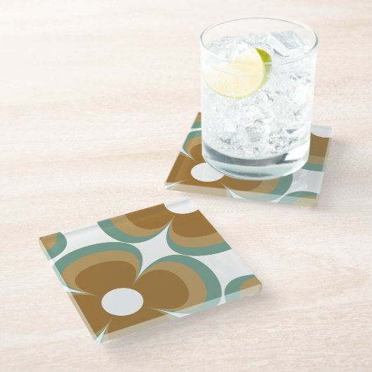 Trendy Teal Caramel Retro Groovy Flowers Seamless Glasuntersetzer (Schrägansicht)