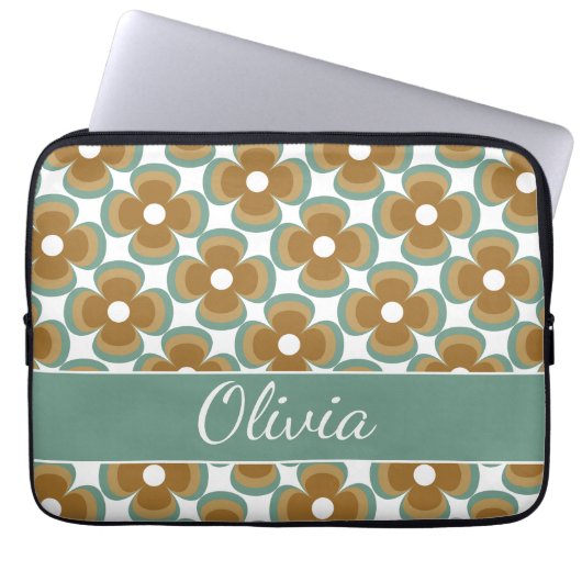 Trendy Teal Caramel Retro Groovy Flowers Seamless Laptopschutzhülle (Vorderseite)