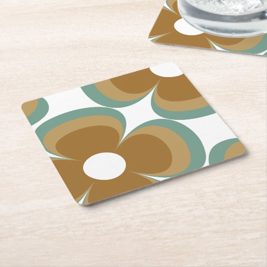 Trendy Teal Caramel Retro Groovy Flowers Seamless Rechteckiger Pappuntersetzer (angewinkelt)