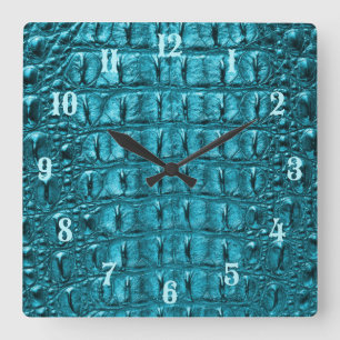 trendy teal turquoise aqua blue alligator print quadratische wanduhr