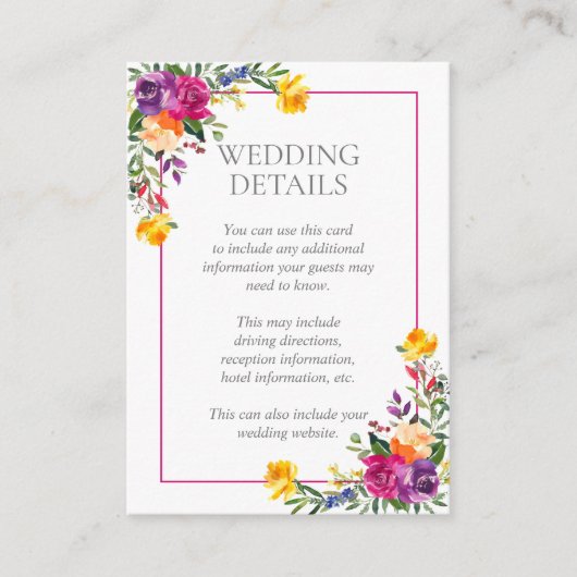 Trendy Technicolor Boho Floral Wedding Details Begleitkarte (Vorderseite)