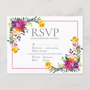 Trendy Technicolor Boho Floral Wedding RSVP Einladungspostkarte