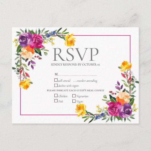 Trendy Technicolor Boho Floral Wedding RSVP Einladungspostkarte (Vorderseite)