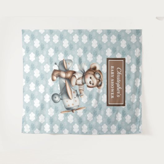Trendy Teddy Bär Pilot Baby Dusche Hintergrund Wandteppich (Vorderseite (Horizontal))