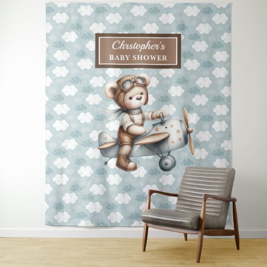 Trendy Teddy Bär Pilot Baby Dusche Hintergrund Wandteppich (Beispiel)