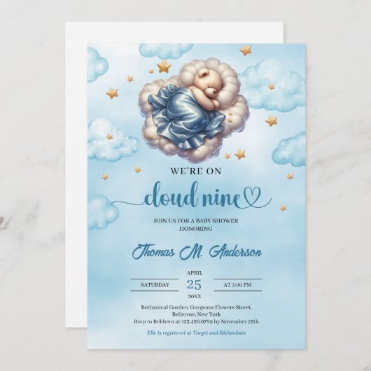 Trendy Teddy Bärenwolke 9 Boy Baby Dusche Einladung (Vorne/Hinten)