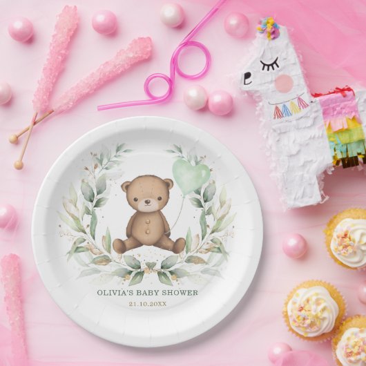 Trendy Teddy Bear Greenerenery Wreath Sage Balloon Pappteller (Party)