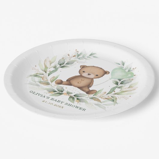Trendy Teddy Bear Greenerenery Wreath Sage Balloon Pappteller (Schrägansicht)