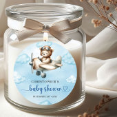Trendy Teddy Bear Pilot Airplane Blue Brown Baby Runder Aufkleber
