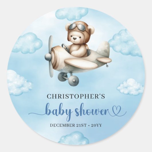 Trendy Teddy Bear Pilot Airplane Blue Brown Baby Runder Aufkleber (Vorderseite)