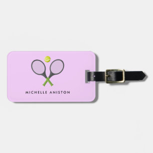 Trendy Tennis Racquet und Ball Personalisiert Lila Gepäckanhänger